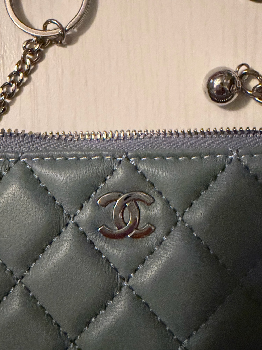 Chanel Quilted Leather Card Case Clutch in Slate Blue-Gray with Silver Hardware